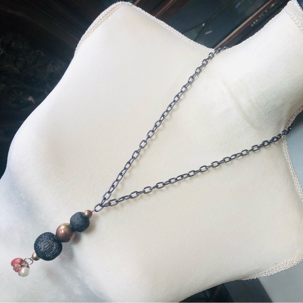 Handcrafted repurpose black gunmetal mesh dangle chain necklace